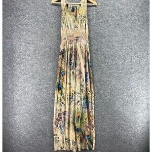 Threads Dress Women L Large Beige Animal Print Maxi Long Elastic Waist V-Neck